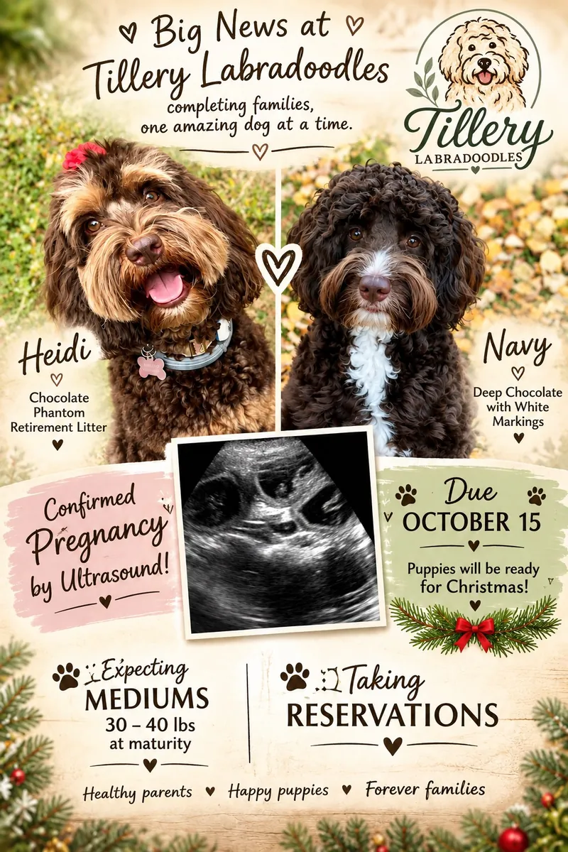 Big news at Tillery Labradoodles โ Heidi, a chocolate phantom Australian Labradoodle, and Navy, deep chocolate with white markings, are expecting. Pregnancy confirmed by ultrasound, litter due October 15.